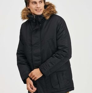 GAP black winter coat parka faux fur trim hood zip front medium